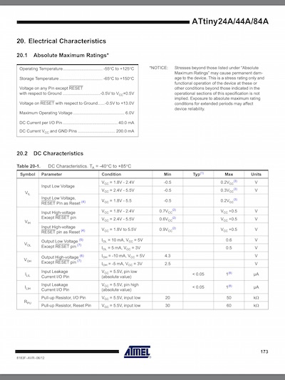 ATtiny44A electrical characteristics