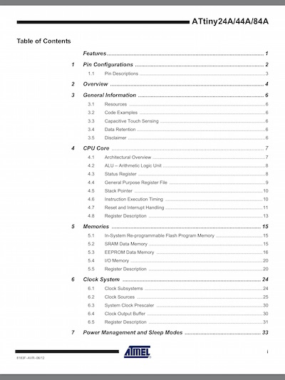 ATtiny44A table of contents