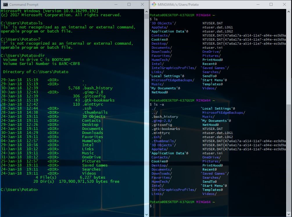 Left is Command Prompt in all it's monochrome glory not recognising 'ls' and showing me all this uselessly redundant information, and right is the bash emulation with it's simple 'ls' and 'ls -a' support.