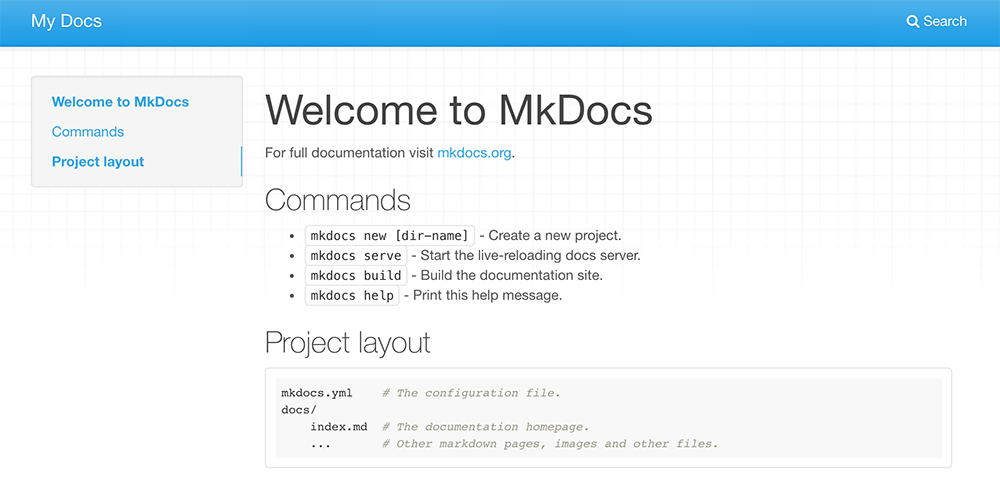 First MkDocs server run