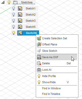 Fusion 360 menu, showing how to save sketch as DXF.
