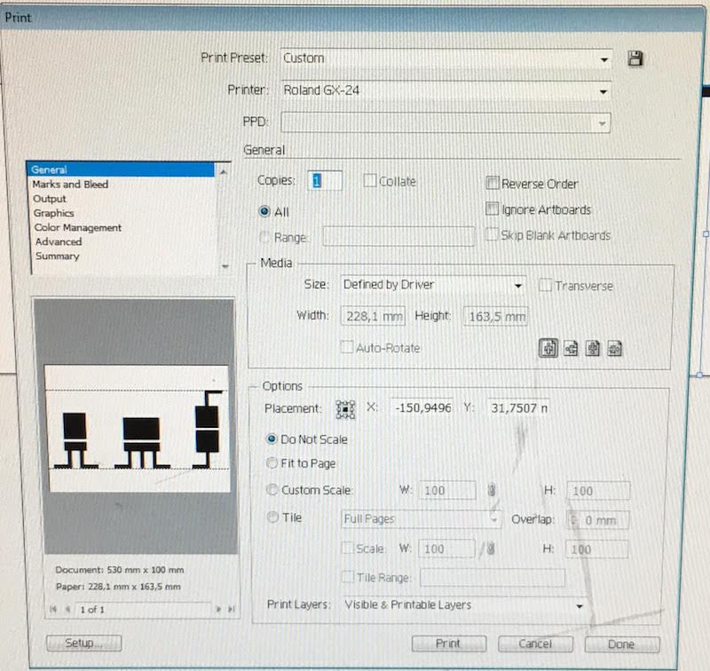 Roland CAMM1 Servo printer settings