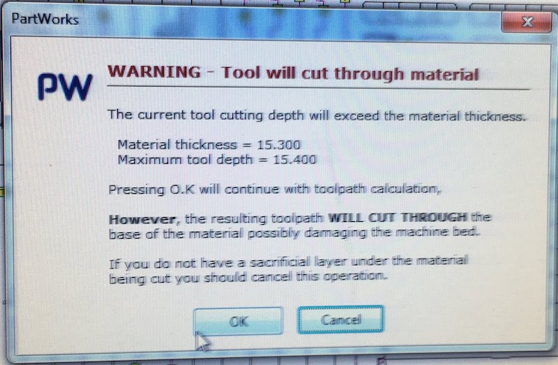 Warning message when cutting through the material