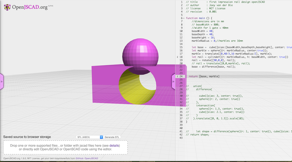 OpenJScad in action with first design for marble rails