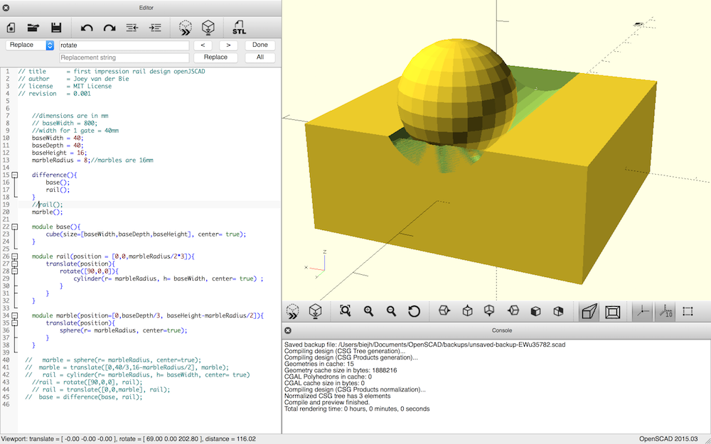 OpenSCAD in action with cilinders as rails