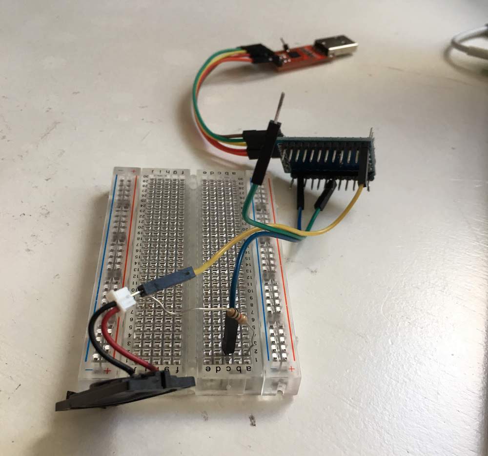 A speaker connected to the Arduino pro mini