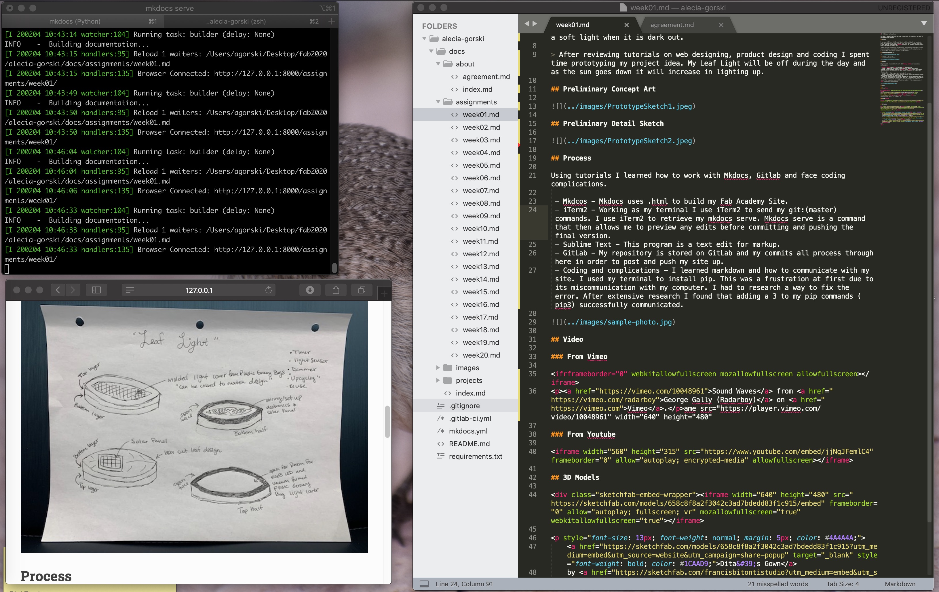 Top Left: iTerm2 Bottom Left: Server Preview before committing or pushing Right: Sublime Text Edit