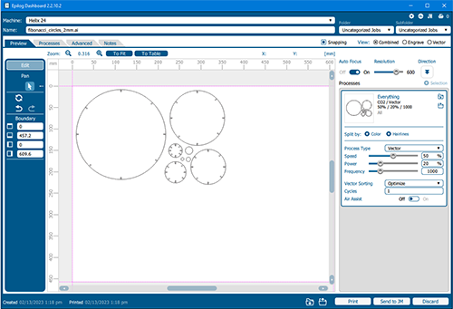 Circles to be cut in the Epilog Manager software
