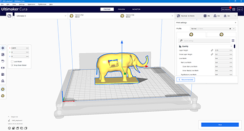 Elephant model in CURA slicing software