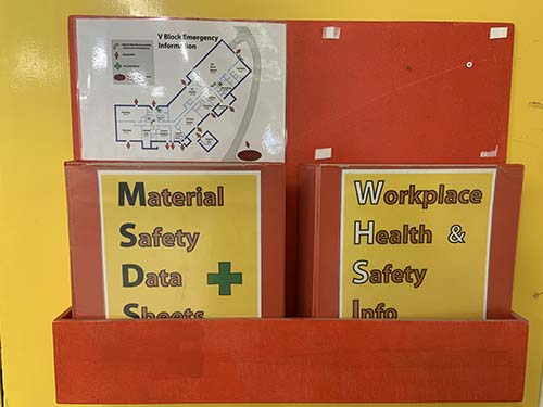 There are Material Safety Data Sheets and Work Helath and Safety Information folders plus a emergency escape map available at the door of the cnc-router room.