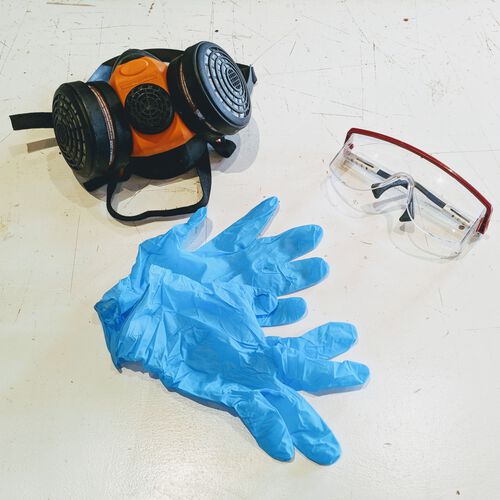 Gloves, respirator and safety glasses