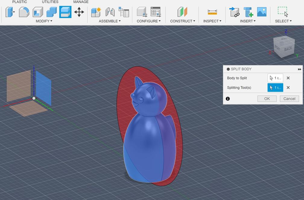 Fusion Screenshot: Split Body tool on model of a cat