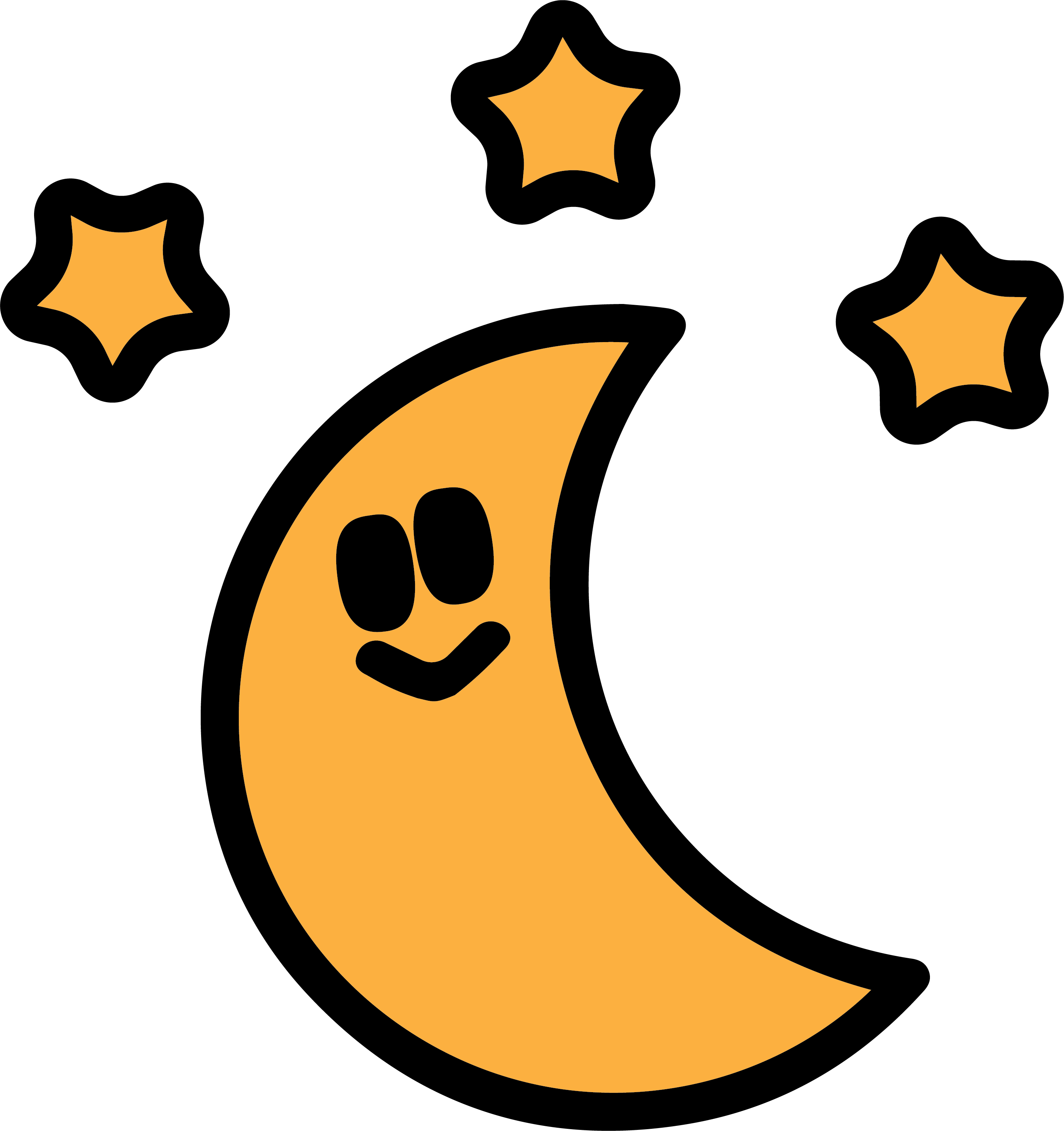 Stylized moon with face and 3 stars