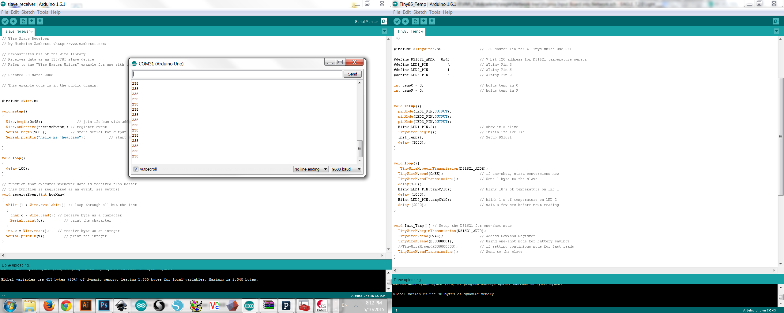 Squid! program working. Photo of arduino IDE code and communication happening.