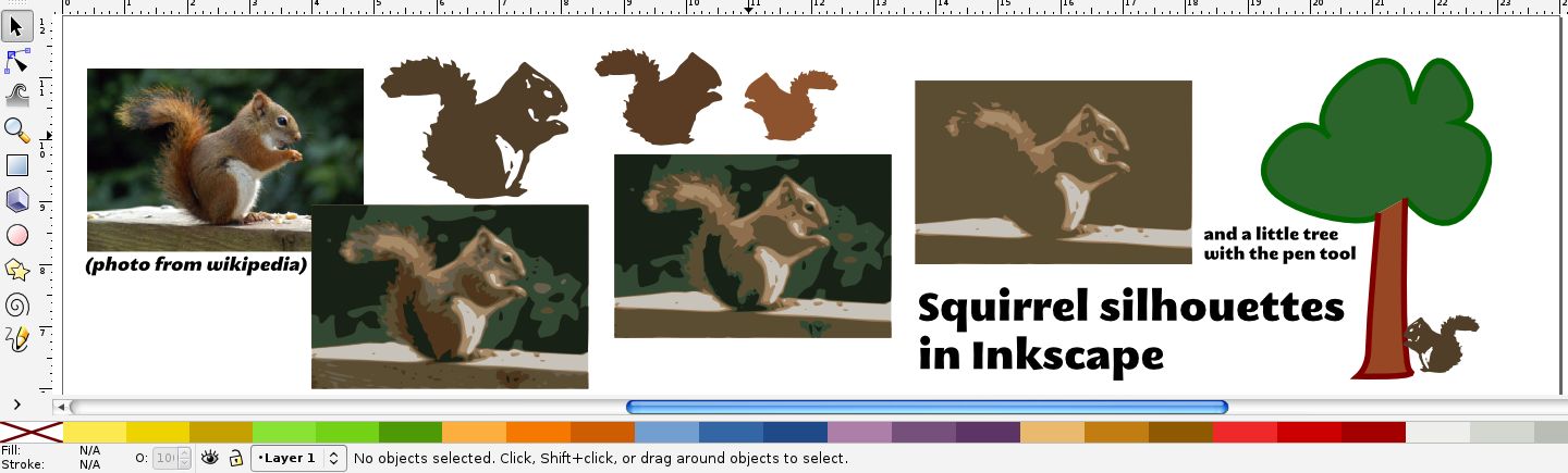 A photo of a squirrel traced in inkscape to make a silhouette of a squirrel. Under a drawn cartoony tree.