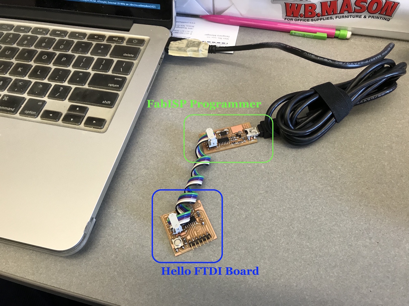 FabISP board and Hello Board connected