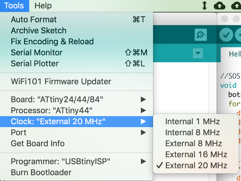 Arduino IDE - selecting 20 MHz