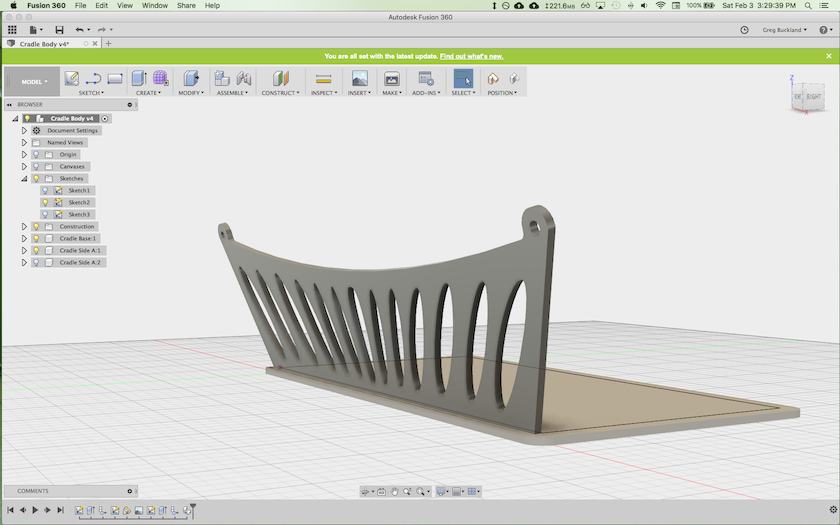 Extruding 2D CAD sketch of cradle side into 3D