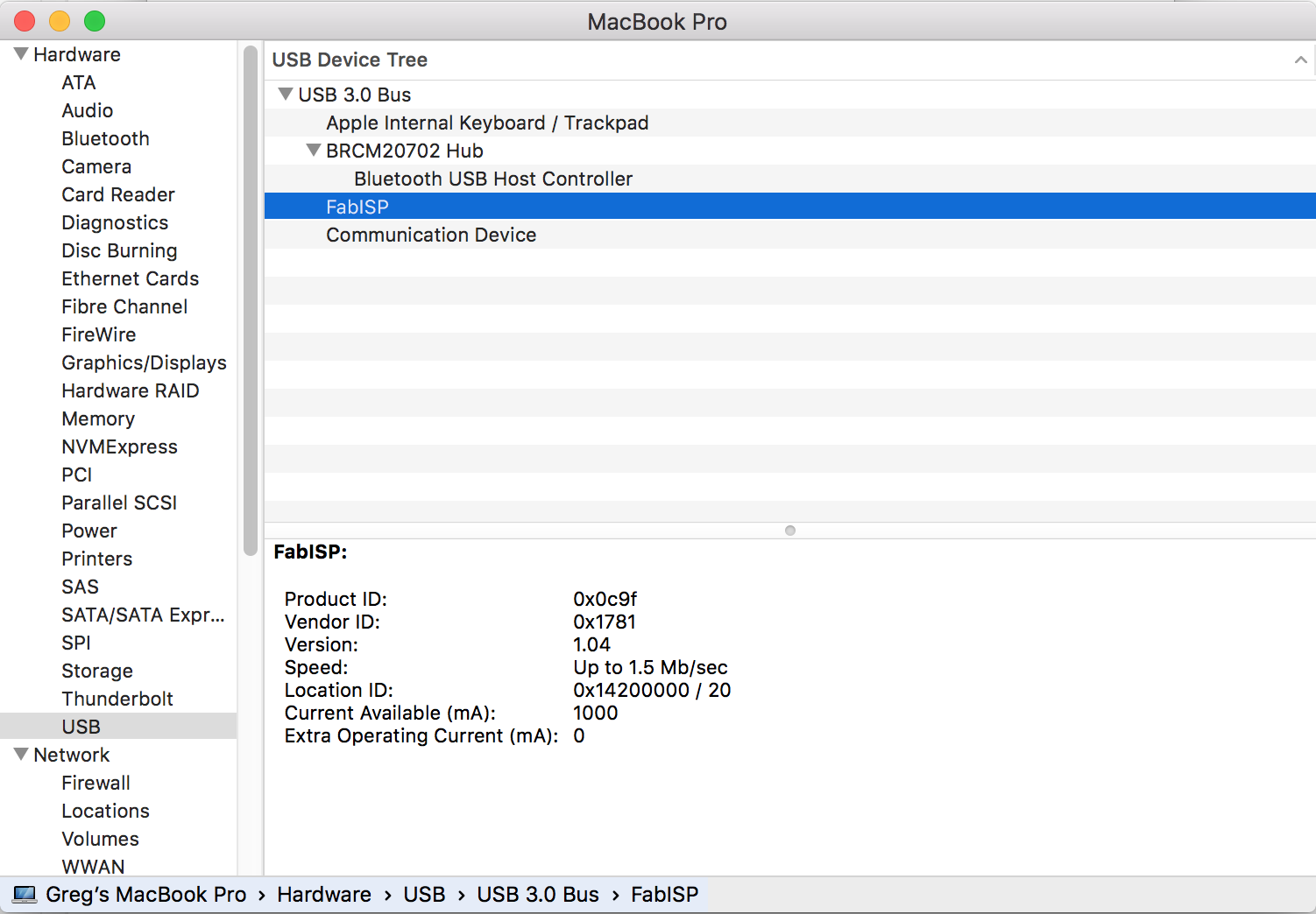 Apple System Profiler USB stats showing FabISP