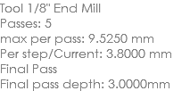 Tool 1/8" End Mill Passes: 5 max per pass: 9.5250 mm Per step/Current: 3.8000 mm Final Pass Final pass depth: 3.0000mm