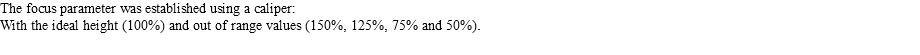 The focus parameter was established using a caliper: With the ideal height (100%) and out of range values (150%, 125%, 75% and 50%).