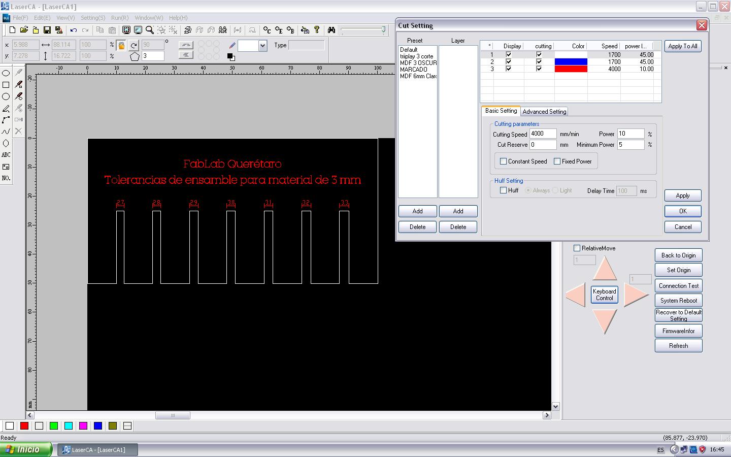 A screenshot of LaserCA ready to cut