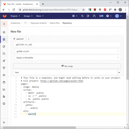 Creating .yml file from Gitlab template