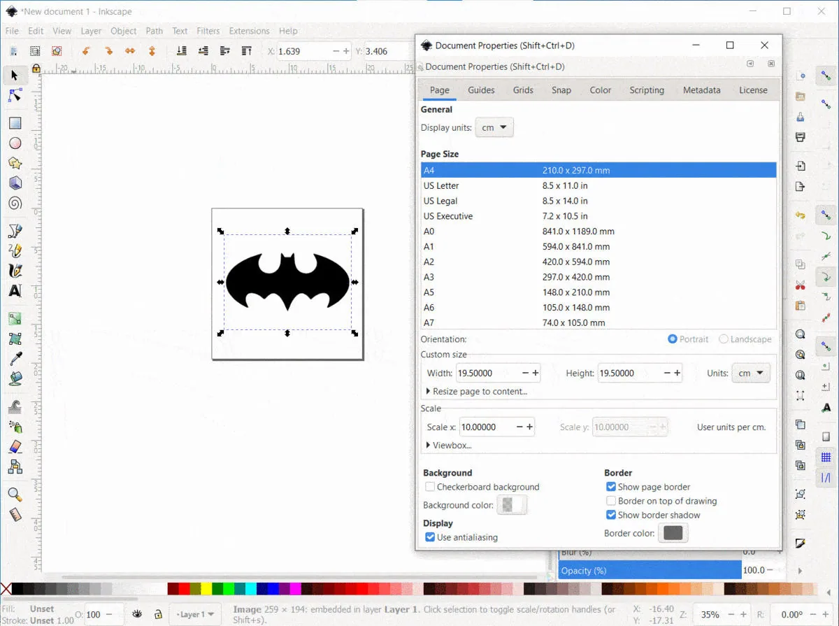 Inkscape with a Batman logo bitmap on the canvas and the Document Properties dialog open, page size set to a custom 19.5 by 19.5 cm square