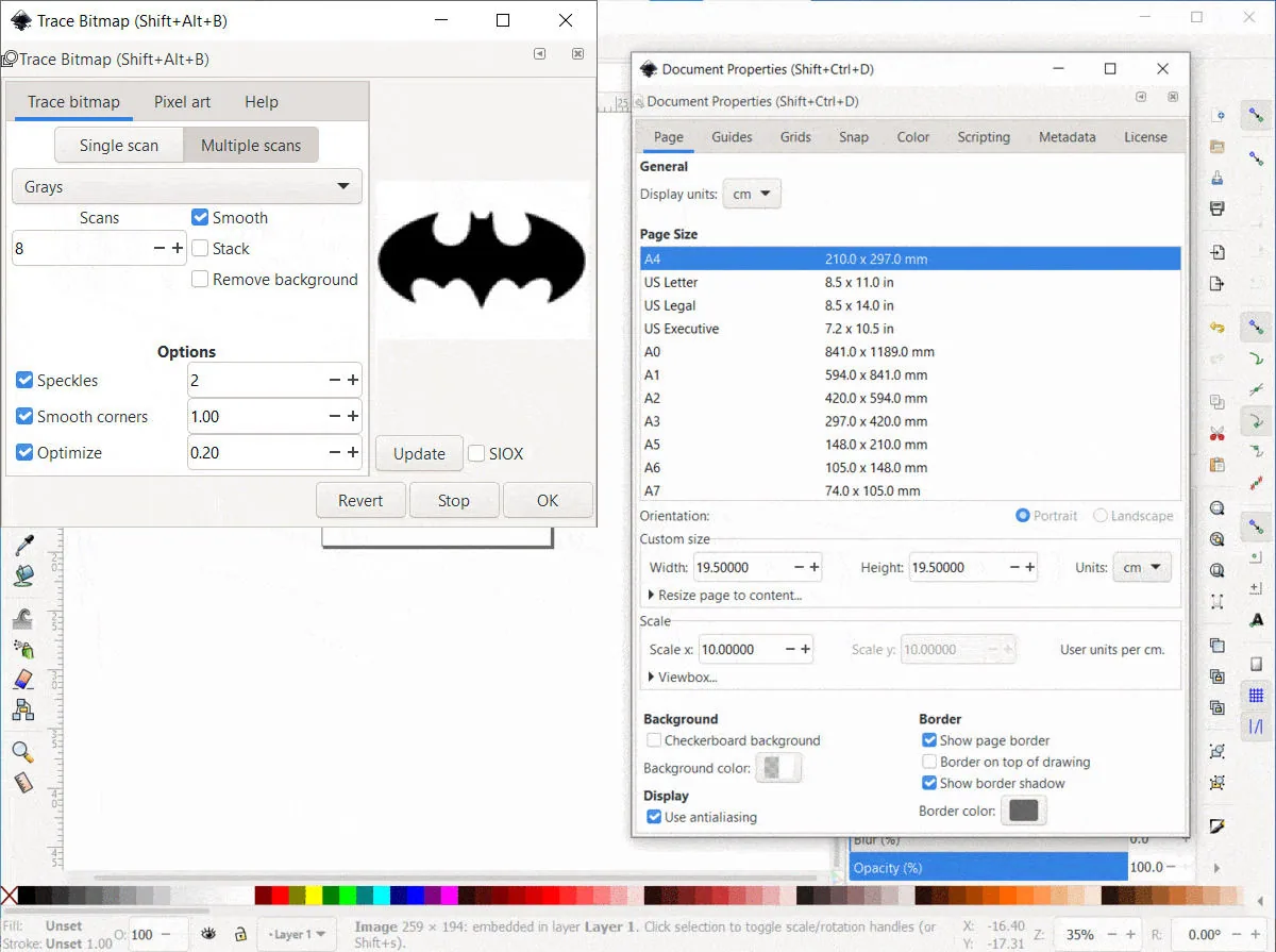 Inkscape's Trace Bitmap dialog set to Grays with 8 scans, previewing the traced Batman logo