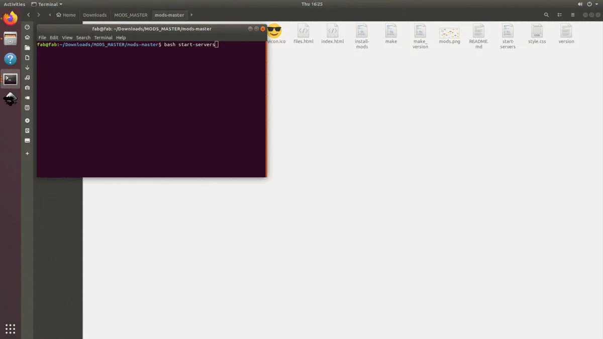 A terminal in the mods-master directory running bash start-servers