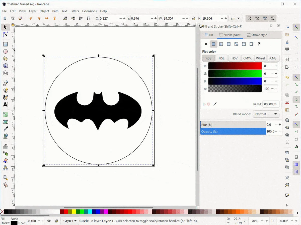 The traced Batman logo in Inkscape, centred inside a circle outline, with Fill and Stroke set to flat black