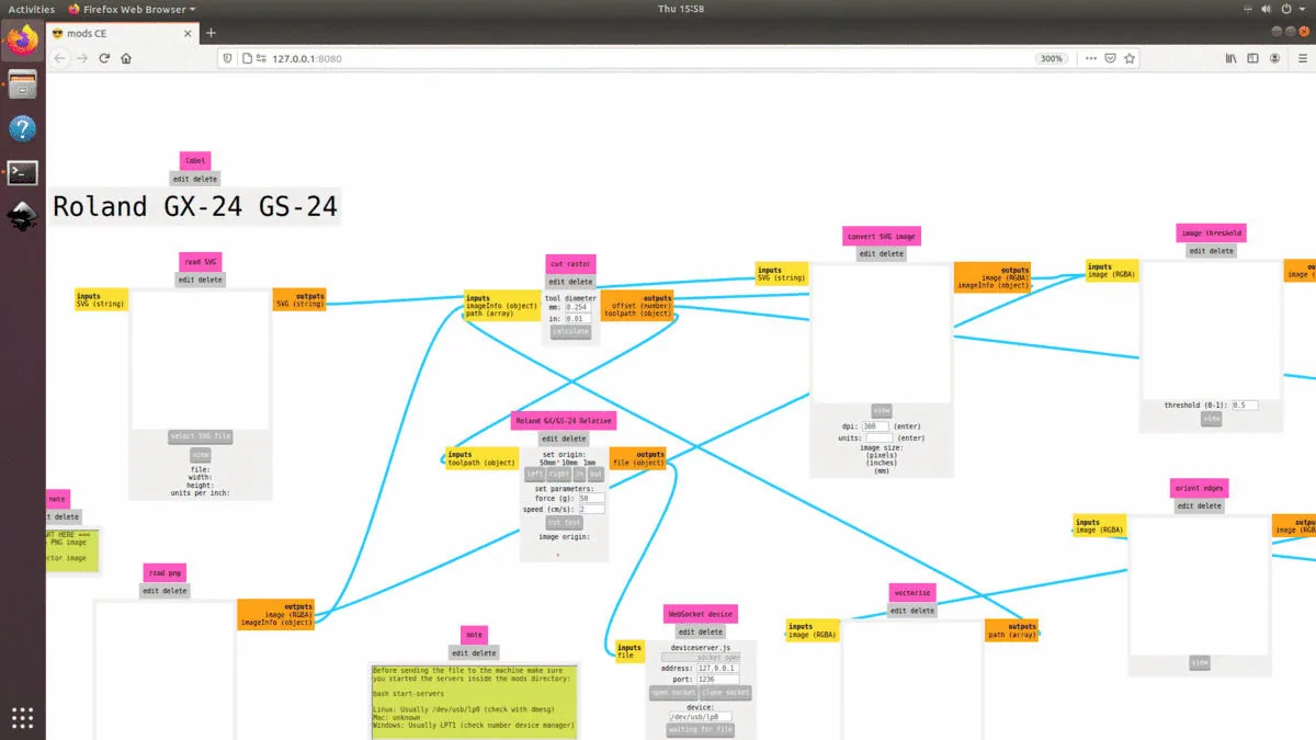 The mods node graph for the Roland GX-24 GS-24 vinyl cutter, wiring read SVG through cut raster, image threshold and the WebSocket device output