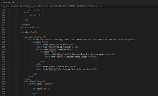 index.html open in Visual Studio Code, showing the sidebar navigation markup with links to About Me, Final Project and Assignments