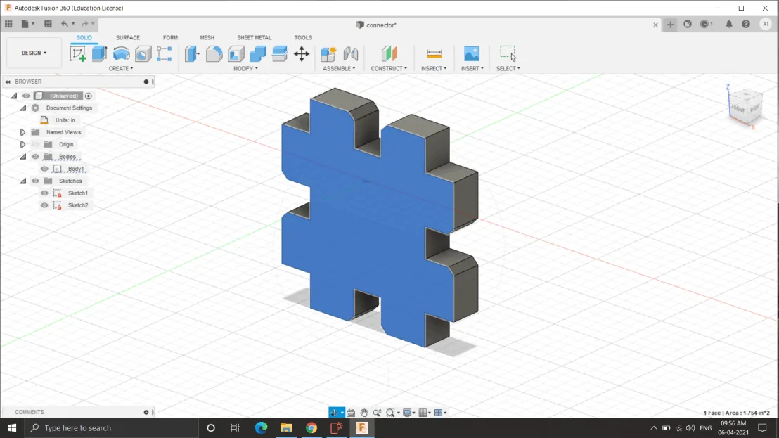 A cross-shaped press-fit connector modelled in Fusion 360