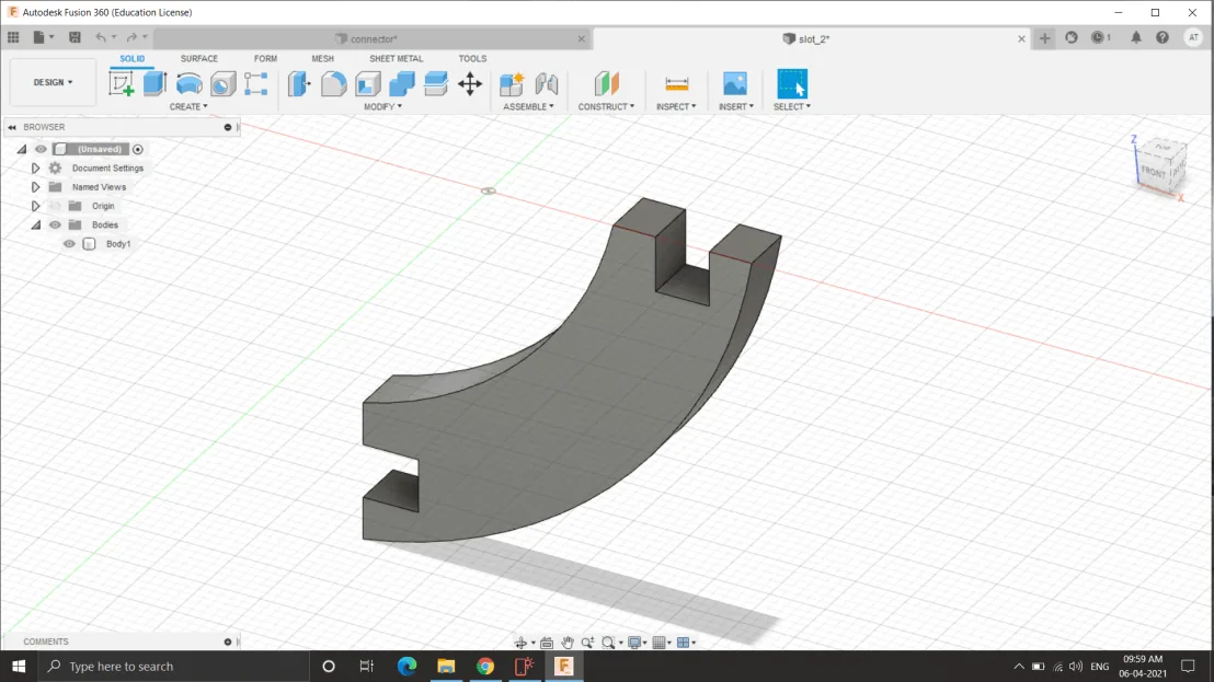 A curved slot piece with press-fit notches at each end, modelled in Fusion 360