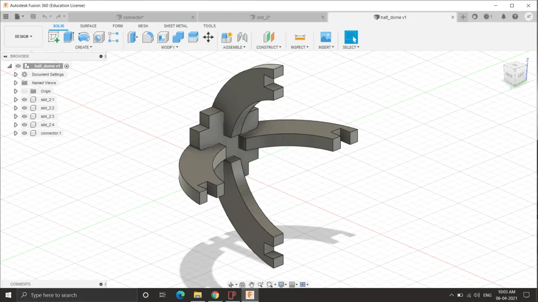 Four curved slot pieces assembled onto a single cross connector in Fusion 360, forming a half dome