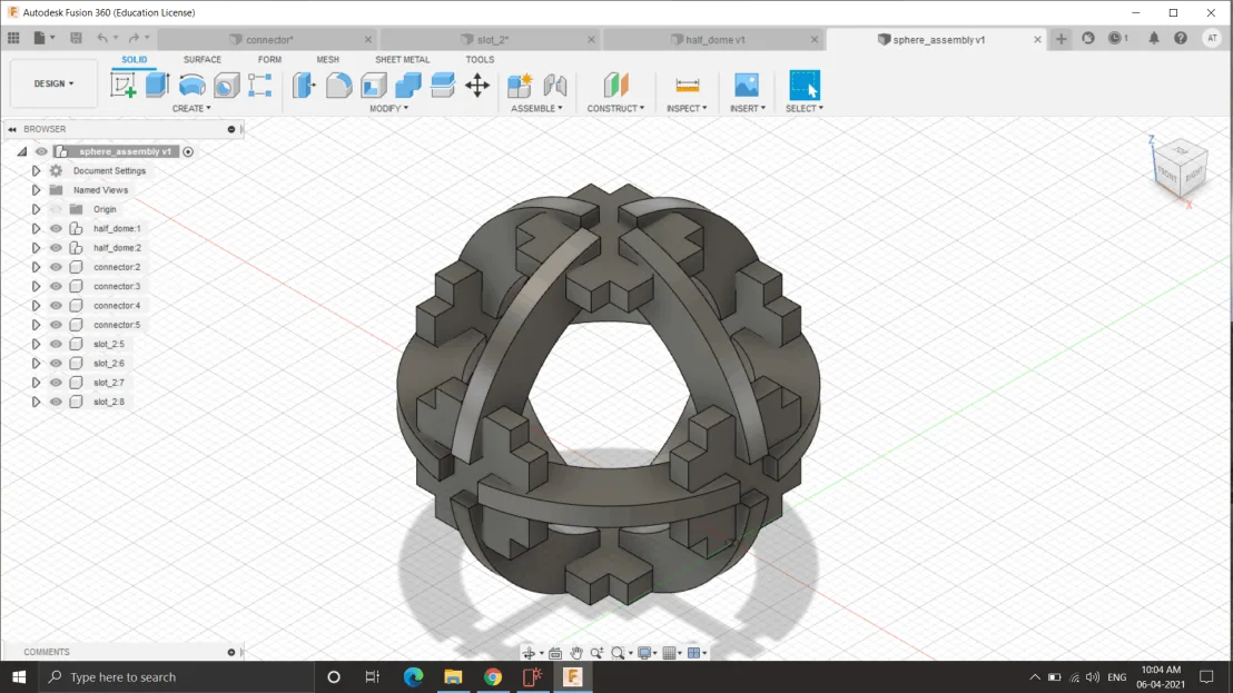 The finished sphere assembly in Fusion 360: curved ribs joined by cross connectors into an open ball