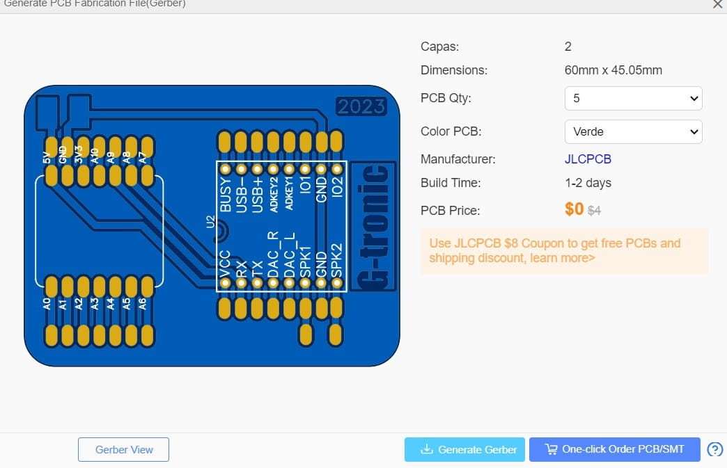 EasyEDA manufacturing preview and cost estimate