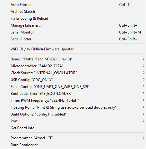 My settings in Arduino Tools menu
