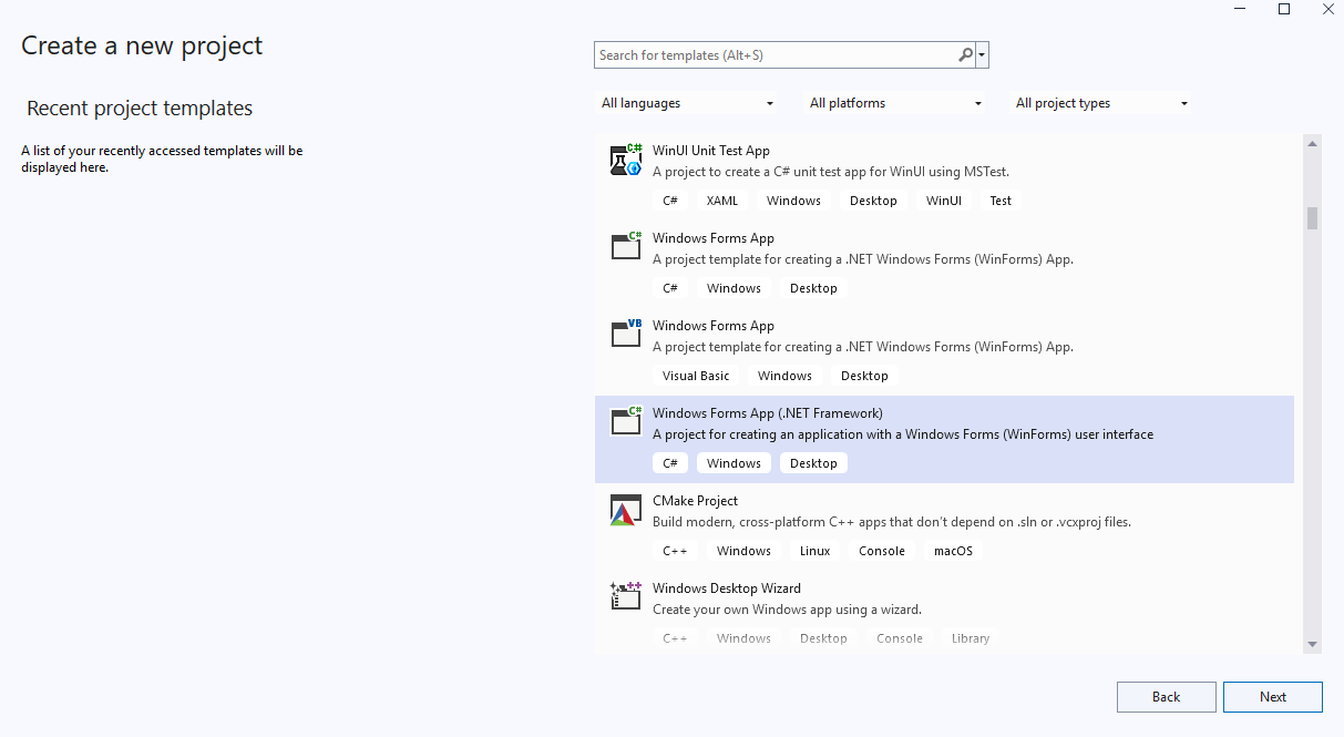 Visual Studio forms app net framework
