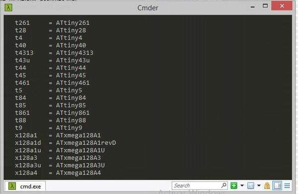 screenshot of avrdude list of chips that can be programmed