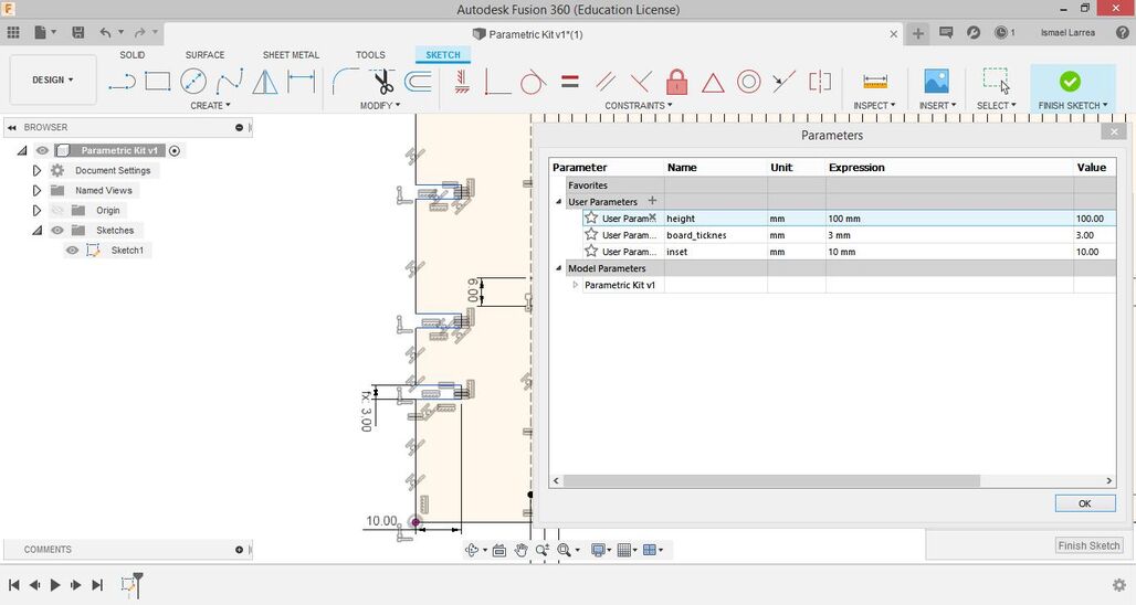Screenshot of parameters on Fusion 360