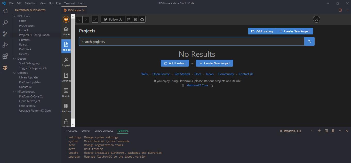 Screenshot of the PlatformIO extension for VS code