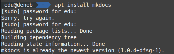 console showing mkdocs is already installed