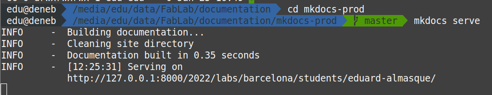 console showing how mkdocs generates the doc locally