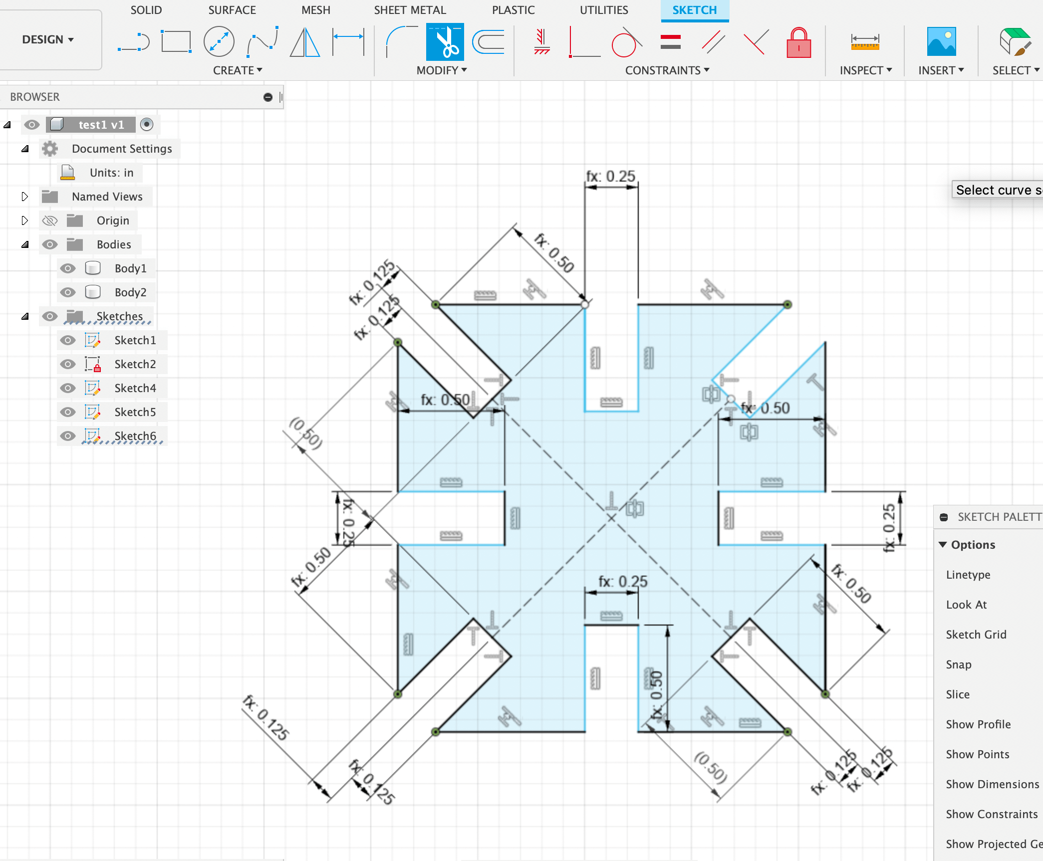 screenshot of dimensioning and constraining a shape in fusion 360