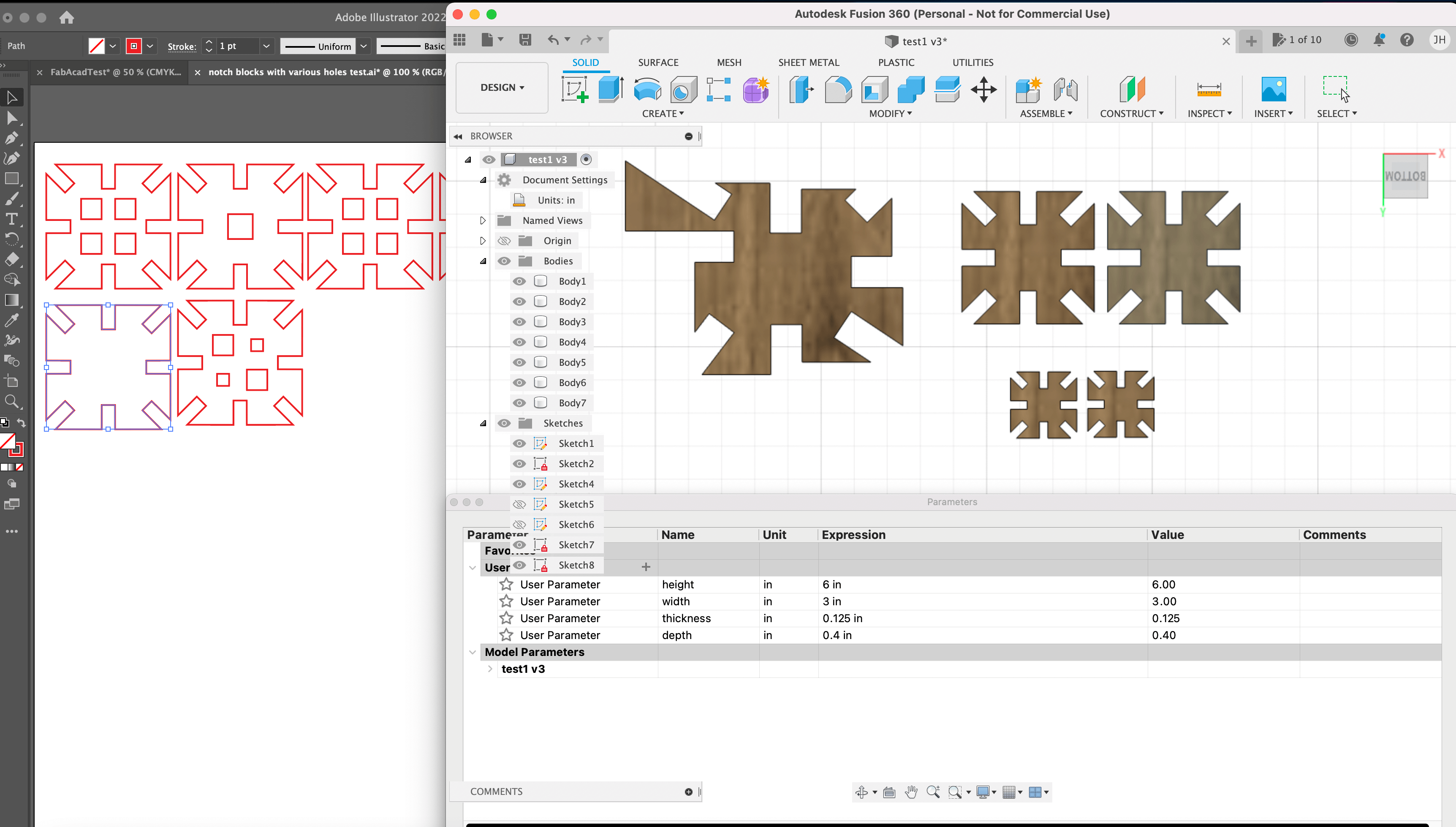 screenshot of notchblock process from illustrator to fusion 360