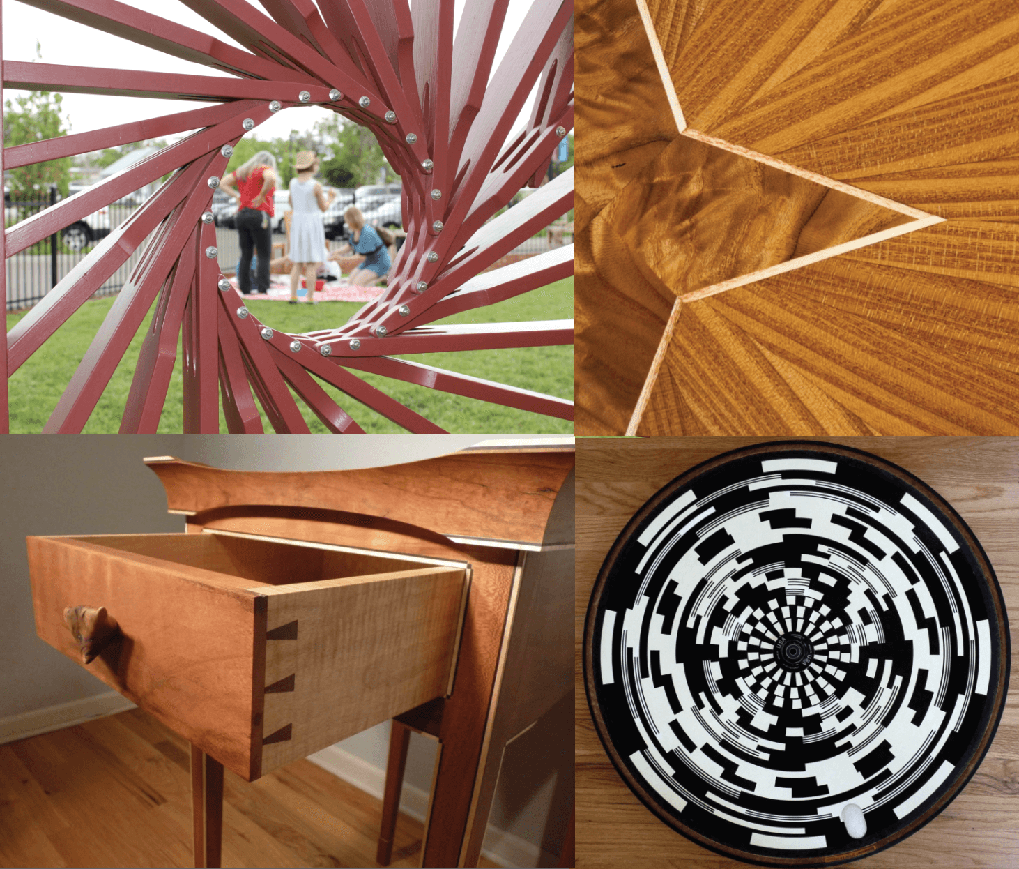 examples of projects from fine woodworking dovetails to black and white bike wheel optical graphic