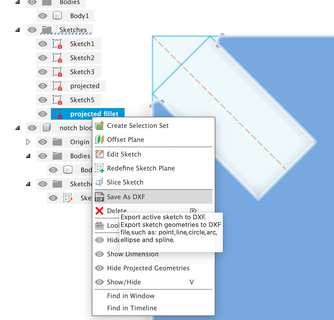 fusion steps to export DXF file