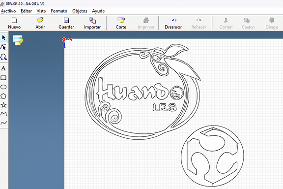 Design in CutStudio with grid background: remove existing text and place two badges in monochromatic vector style with black lines. The first badge is the orange logo Huando I.E.S., represented without colors, only outlines. The second badge is the Fab Lab logo with stylized human figures in red, green and blue, converted to black lines. Both badges are focused on the work area, ready for cutting.